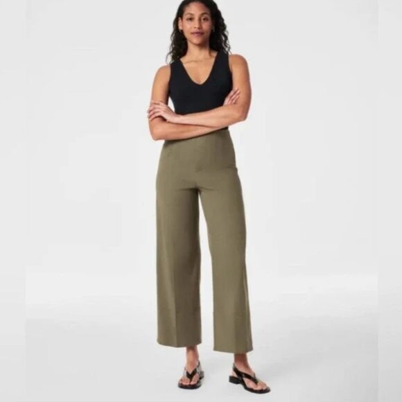 NEW Spanx Stretch Twill Cropped Wide Leg Pants | Tuscan Olive | Size L - Picture 1 of 11